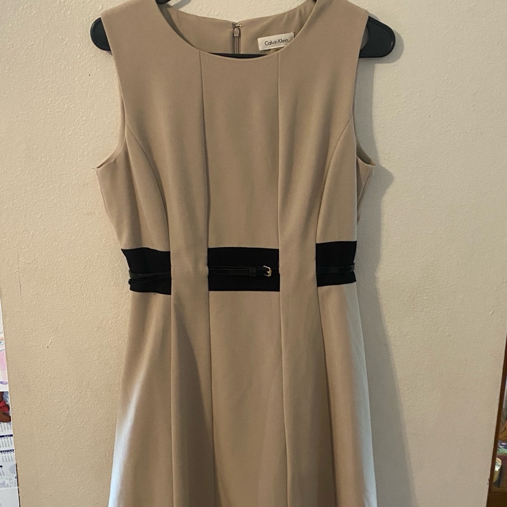 Calvin Klein Taupe and Black Midi Dress